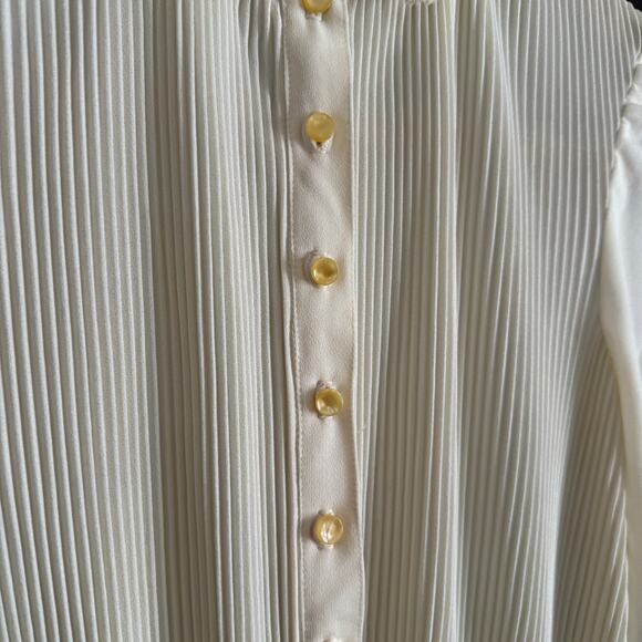 70s Vintage | Cream Pleated Lace Collar Blouson Sleeve Midi Dress | Medium - Picture 2 of 9